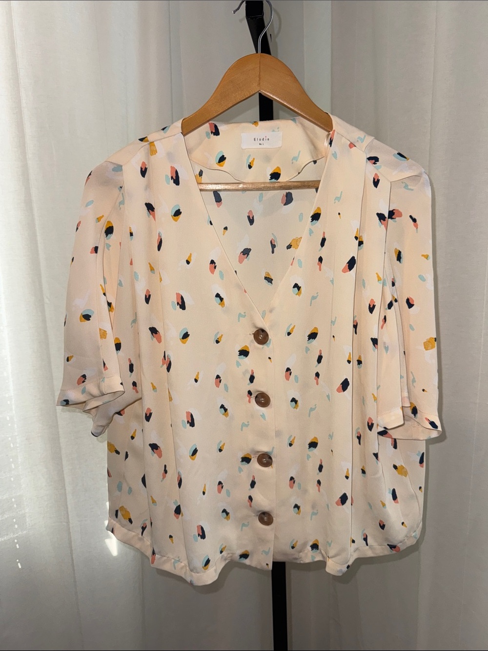 Elodie Cream V-Neck Button-Front Blouse with Multicolor Dot Print